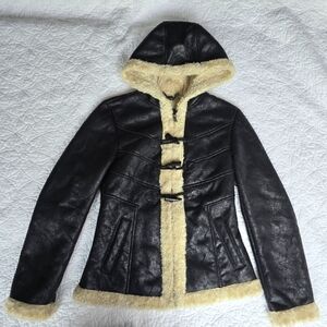 Vintage Guess Two Tone Hooded Faux Suede Leather And Fur Toggle Button Jacket